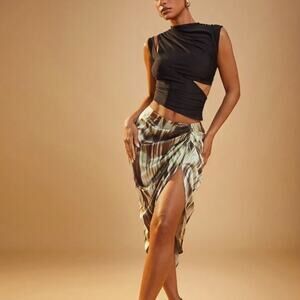 Shein Haute Green and Brown Marbled Pleated Asymmetrical Ruched Size Large